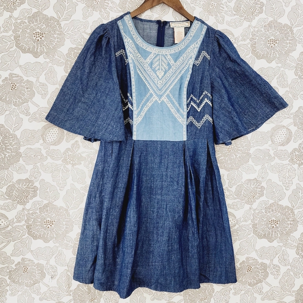 Flying Tomato cotton blend Embroidered Flare Sleeve Mini Dress L